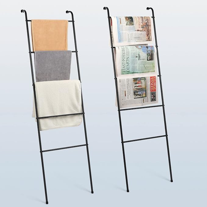 Blanket Ladder Bathroom Towel Holder Decorative Towel Rack 5 Tier Blanket Holder for Living Room Bathroom Laundry Room Black, 2 Pack