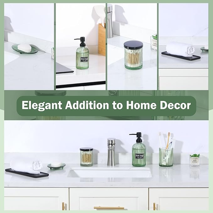 Shinowa Bathroom Accessories Set, 5 Pcs Clear Glass Bathroom Accessory Sets Complete with Soap Dispenser, Toothbrush Holder, Q-Tips Holder, Soap Dish, Ceramic Tray, Vanity Organizer, Green