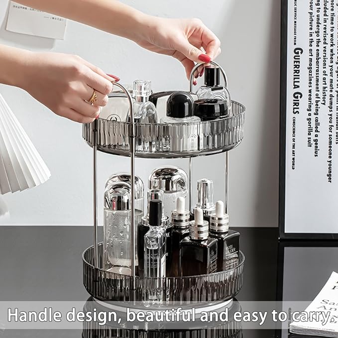 Modern Style Cosmetics Transparent Rotating Storage Rack Turntable Multifunctional Large Capacity Double - Layer Skin Care Products Dressing Table Storage Box Dust - Proof Space - Saving