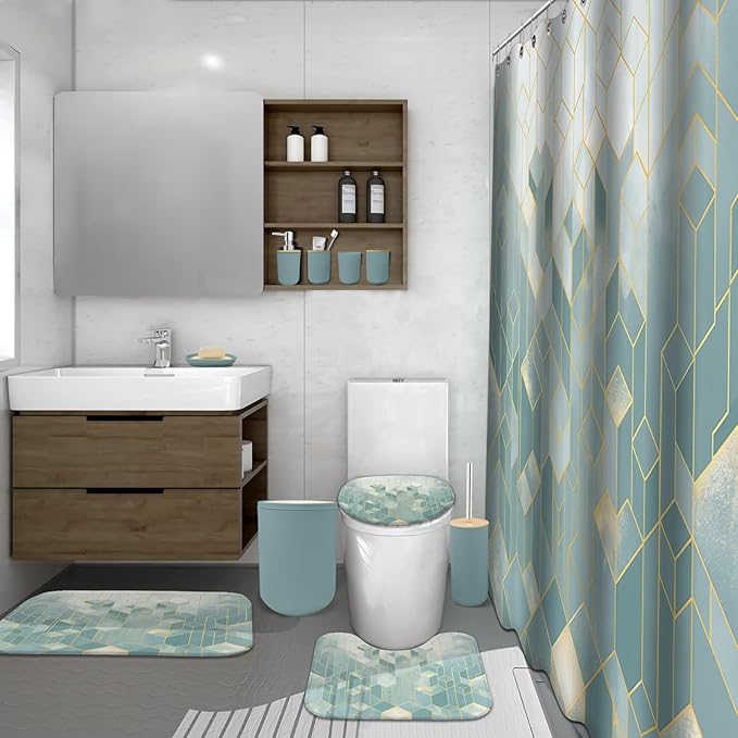 Lnond Blue Green Bathroom Set, Blue Green Abstract Cubes Bathroom Accessories Sets Complete, Luxury Restroom Set with Shower Curtain and Rugs, Trash Can, Toilet Brush Holder Set & Soap Dispenser