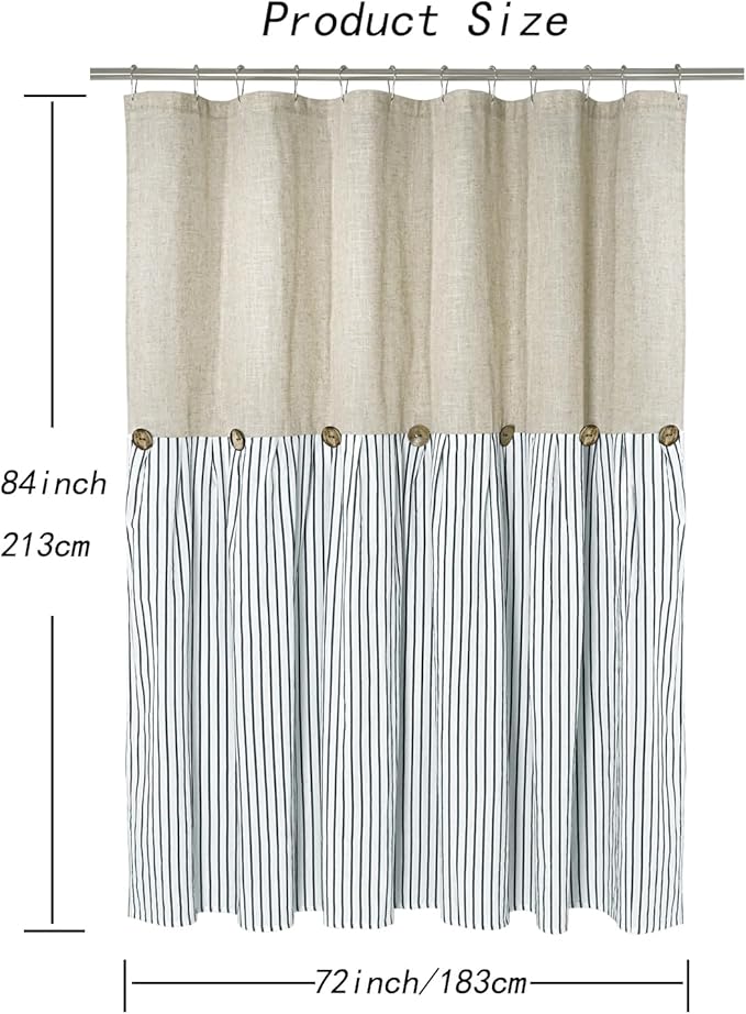 Farmhouse Shower Curtain,Beige and Blue Stripe,Button Curtain,Linen and Cotton Woven Fabric,Rustic Charm Country Chic Style,72x84 in