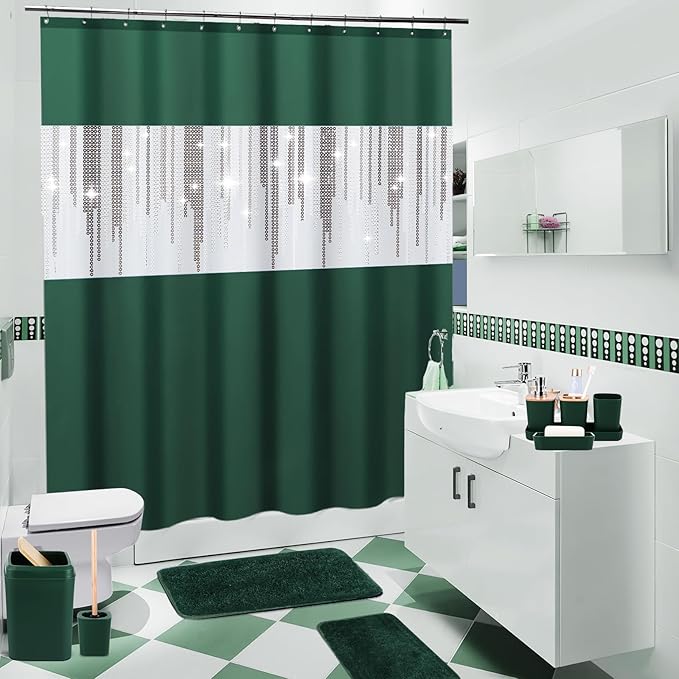 XLHOMO Dark Green Bathroom Sets with Shower Curtain and Rugs,Bathroom Sets Shower Curtain Set with Extra Soft and Absorbent Bathroom Rugs Green Bathroom Accessories