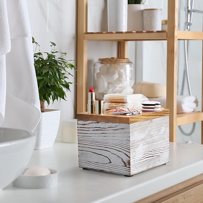 Bivvclaz Disposable Face Towel Holder, White Washed Wood Face Towel Container Compatible with Clean Towels XL, Face Towels Storage Box with Lid, Makeup Remover Organizer for Vanity, Bathroom
