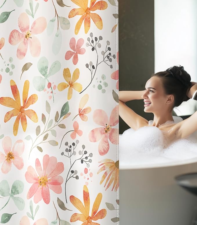 MAMUSE Shower Curtain for Bathroom - Cute Aesthetic Decorative Modern Girly Unique Girls Design Pretty Women Waterproof Fabric Cloth Cortinas de Baño Bathtub 72 x 72 Inch, Orange Floral