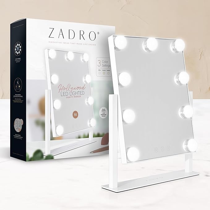 Zadro Hollywood Lighted Vanity Mirror with 9 LED Bulbs, 3 Color Light Settings, 360° Rotation Makeup Mirror Head (14" H x 12" W | 1X | Chocolate)