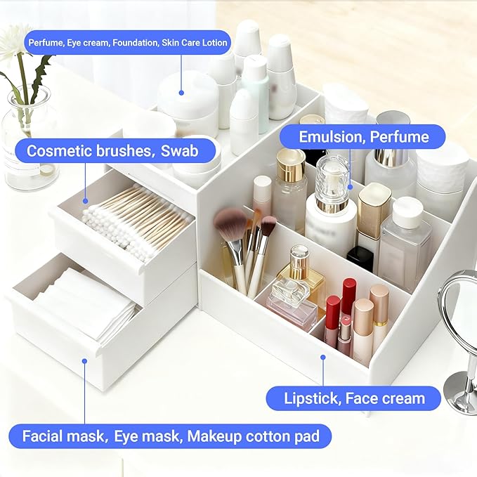 Makeup Organizer with Drawers, Cosmetic Organizer for Vanity Dresser Bathroom Countertop, Large Capacity Makeup Organizer for Skincare, Lipstick, Palettes, Perfume & Brush Display Holder 2Pack