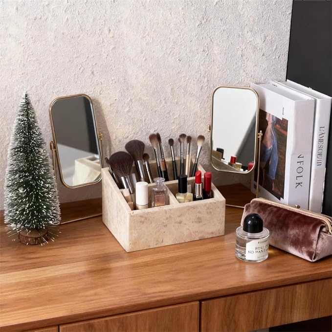 Marble Desk Organizer with 3 Compartments, White and Purple Pattern, Modern Design (Beige)