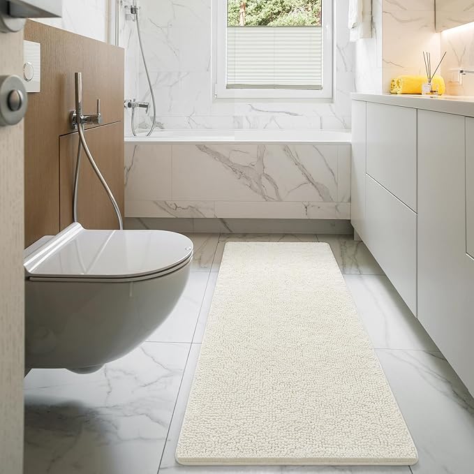 LOCHAS Luxury Bathroom Rug Shaggy Bath Mat 24 x 70 Inch, Washable Non Slip Bath Rugs for Bathroom Shower, Soft Plush Chenille Absorbent Carpets Mats, Cream White