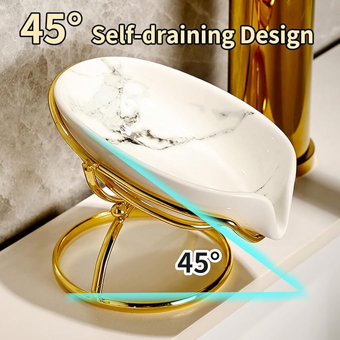 Dobbyby Leaf-Shaped Soap Dish – Ceramic Soap Bar Holder with Self-Drainage System – Bar Soap Holder for Shower, Bathroom Sink, Kitchen – Soap Dish with Stainless Steel Stand (White-Gold-2 Pack)