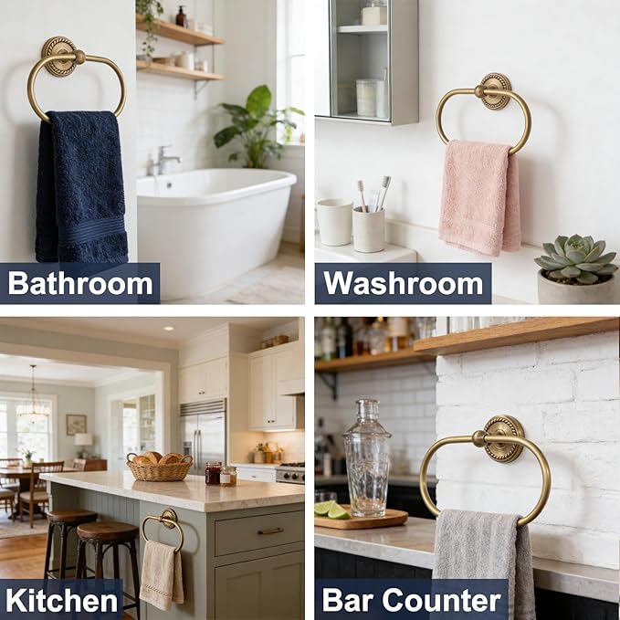 Oval Towel Ring, Antique Brass Towel Holder for Bathroom Wall Mounted, Gold Hand Towel Ring, Oval Towel Rack Hanger for Bath, Kitchen