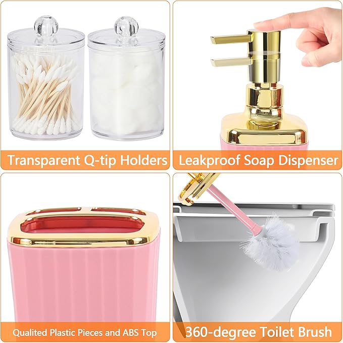 Pink Bathroom Set, 23 PCS Pink Bathroom Accessories Set with Shower Curtains, Trash Can, Toothbrush Holder, Soap Dispensers, Toothbrush Cup, Vanity Tray, Soap Dish, Toilet Brush, Qtip Holders
