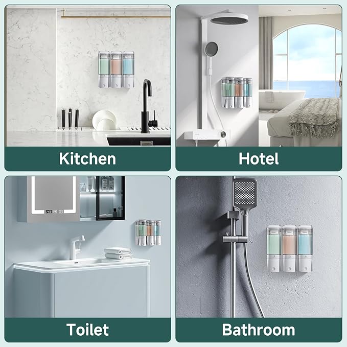 Shampoo and Conditioner Dispenser 3 Chamber No Drill Shower Soap Dispenser Wall Mounted Shampoo Conditioner Body Wash Dispenser 3 * 500ml Refillable Shower Dispenser for Bathroom Hotel, Silver