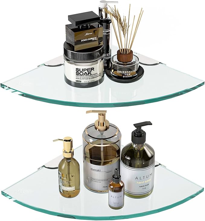 2 Sets Glass Shower Shelves - Corner Shower Shelf Organizer for Soap & Shampoo, Adhesive Bathroom Shelf, No Drilling