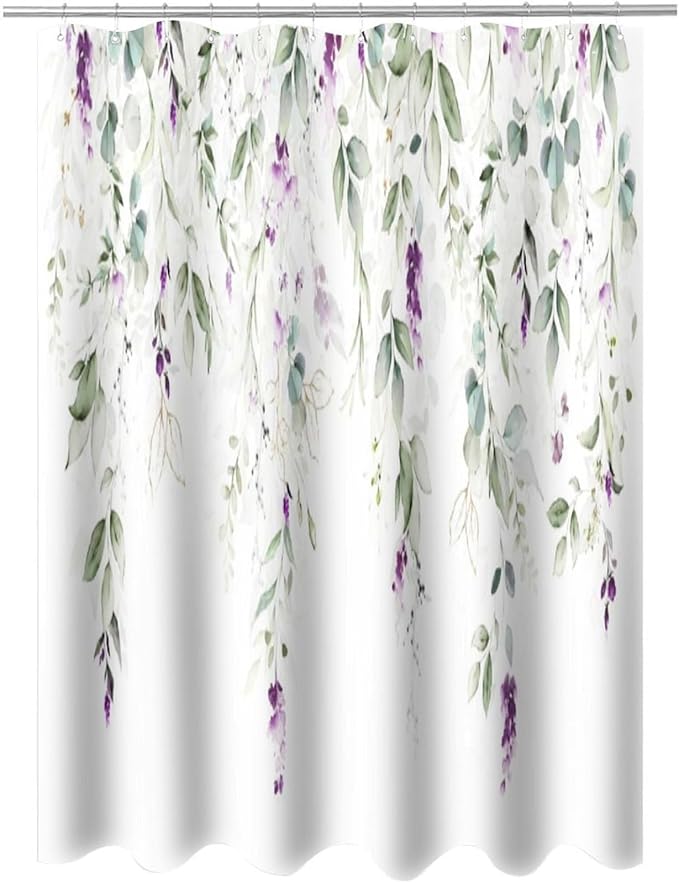 Purple Floral Shower Curtain Watercolor Flowers Modern Minimalist Wildflower Bathroom Decor Fabric Curtains with Hooks 66x72 Inches(168x183cm)