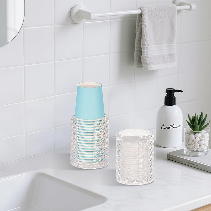 Bathroom Cup Dispenser, Mouthwash Cup Holder for 3oz Small Disposable Rinsing Cups Storage, Compact Paper Cups Organizer, Vanity Cotton Pads Holder - 1 Pack Clear