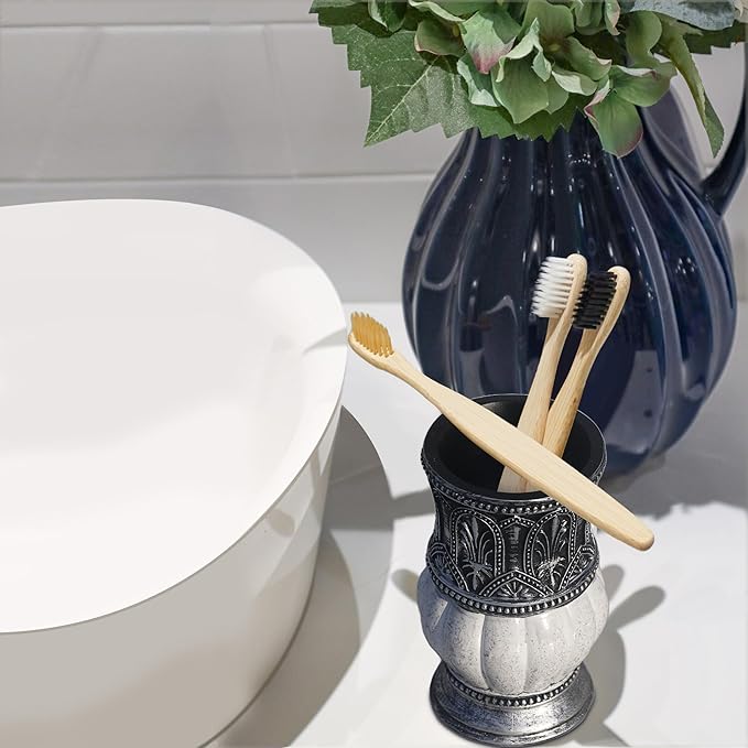 Pumkins Bathroom Accessories Set,Retro Style Including 1 Cups, 1 Toothbrush Holders, 1 Soap Dishes and 1 Soap Dispenser, Home and Countertop Decoration, Vanity Organize, New Home Gift, Grey