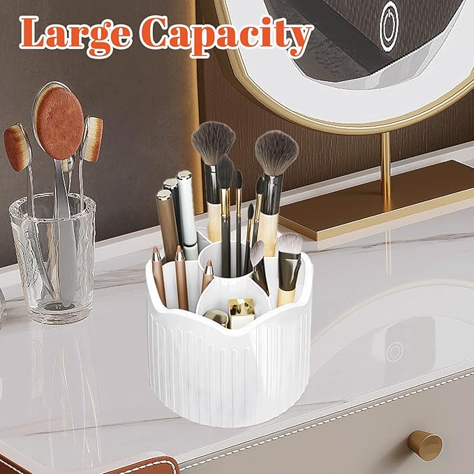 Makeup Brush Holder, 360° Rotating Makeup Organizers with Lid, Dustproof Waterproof Make Up Brush Holder Bag for Vanity Desktop Bathroom Countertop (White)