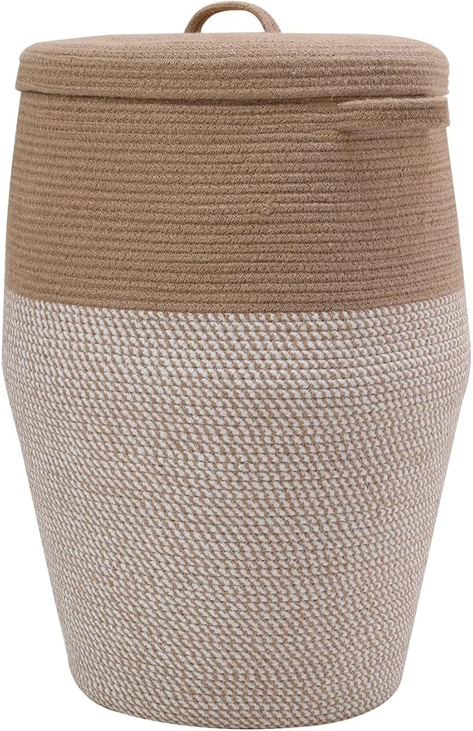 26" x 20" Handcrafted Tall Cotton Rope Basket with Lid, Stylish Flagon Shape with Cover, Clothes Hamper with Top, for Bedroom and Living Room, Jute/White Mix