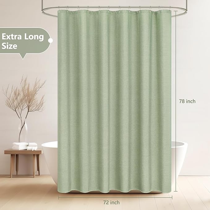 Sage Green Farmhouse Fabric Shower Curtain Water-Resistant, 72 x 78 Inch Extra Long Natural Faux Linen Textured Shower Curtain Washable, Boho Country Rustic Thick Bathroom Curtain Ultra-Durable