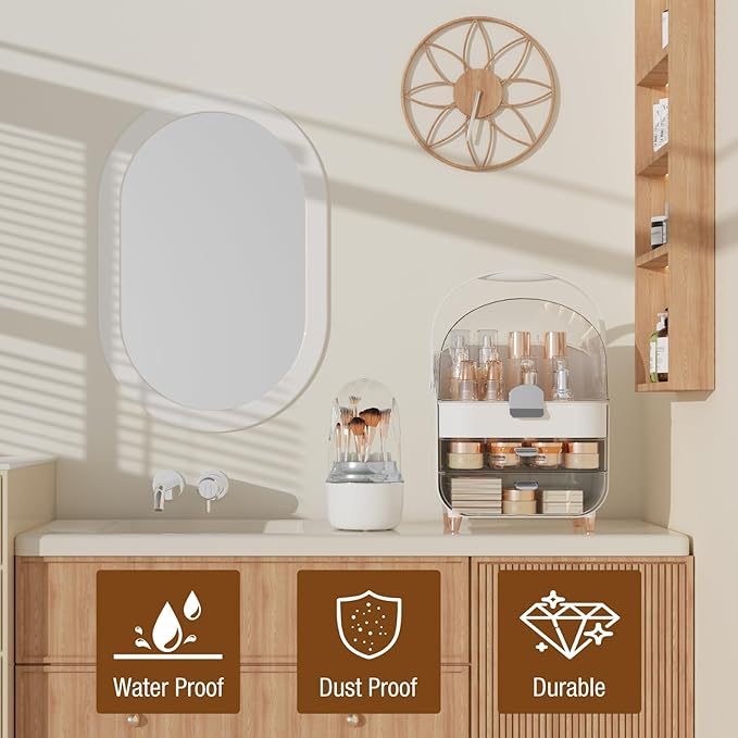 Makeup Organizer Countertop & 360° Rotating Makeup Brush Holder, Skincare Holder with Lid and Drawers, Storage Box Cosmetic Display Cases, Teen Girl Gifts, Vanity, Bathroom Counter, Silver