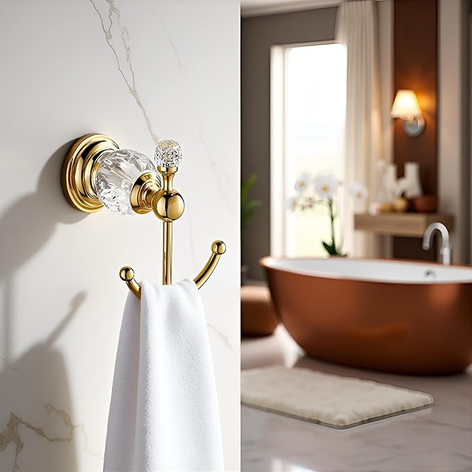Gold Bathroom Accessories,Crystal Towel Bar Set Adjustable,Polished Brass Toilet Paper Holder Towel Ring Robe Hooks Bathroom Hardware 4 Pieces Wall Mounted