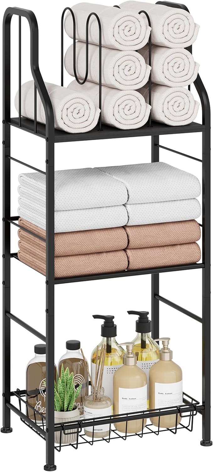 SWTYMIKI Free Standing Towel Rack - 3 Tier Towel Racks for Bathroom with M-Shaped Dividers, Durable Metal Towel Holder, Pool Towel Rack, Space-Saving Towel Storage Organizer, Modern Bath Towel Shelf