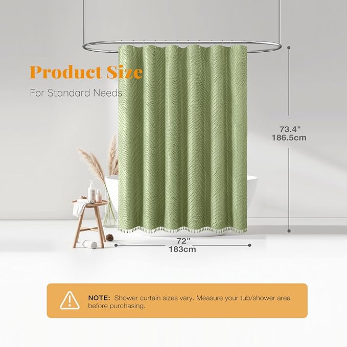 BTTN Sage Green Boho Shower Curtain, Tufted Leaves Textured Striped Fabric Shower Curtain Set with Tassels, Water Repellent, Modern Farmhouse Minimalist Vintage Shower Curtains for Bathroom, 72 x 72