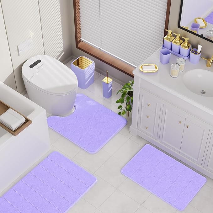Bathroom Set - 27PC Bathroom Sets with Shower Curtain and Rugs, Purple Bathroom Set, Purple Bathroom Accessories Set with Push-lid Trash Can, Toilet Brush & Soap Dispensers