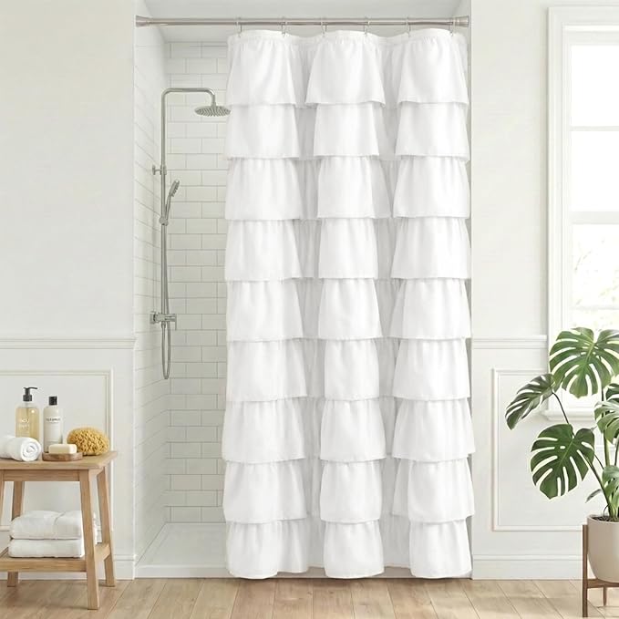 Seasonwood Small White Ruffle Shower Curtain Farmhouse Vintage Handcrafted Rustic Decorative Fabric Shower Curtains for Bathroom, 36" x 72"