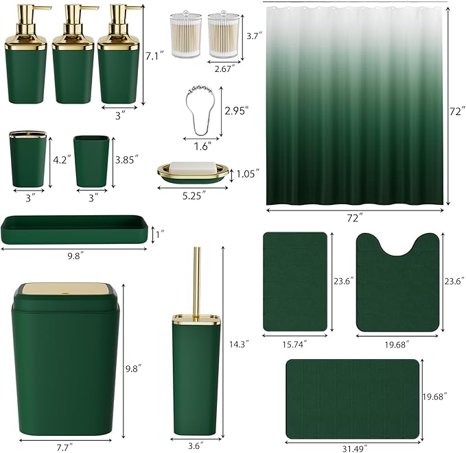 Bathroom Set - 27PC Bathroom Sets with Shower Curtain and Rugs, Green Bathroom Set, Green Bathroom Accessories Set with Push-lid Trash Can, Toilet Brush & Soap Dispensers