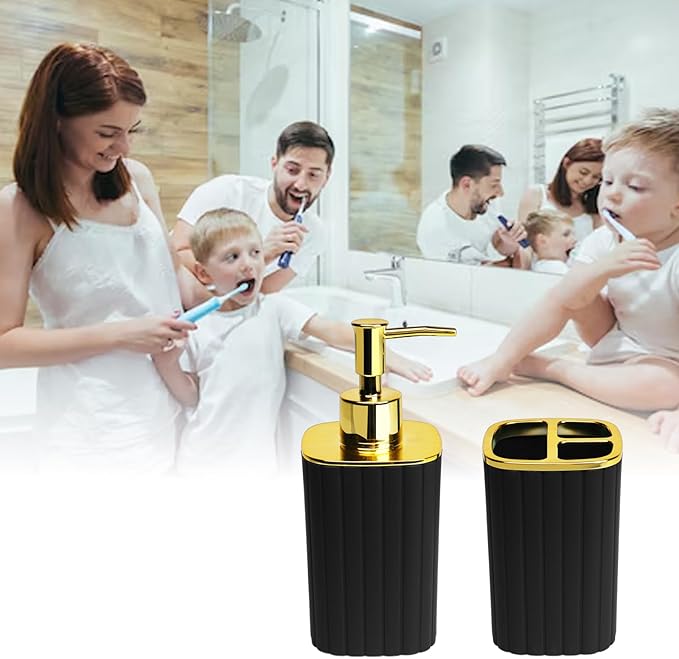 2Pack Bathroom Accessories Set, Black Gold Bathroom Set. Bathroom Toothbrush Holder Set, Includes Dispenser and Toothbrush Holder. Bohemian Bathroom Accessories