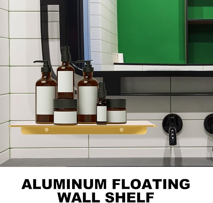 Healifty Punch-Free Aluminum Wall Shelf 30cm Brushed Gold Floating Storage Rack for Bathroom Toilet Dorm Home Organization