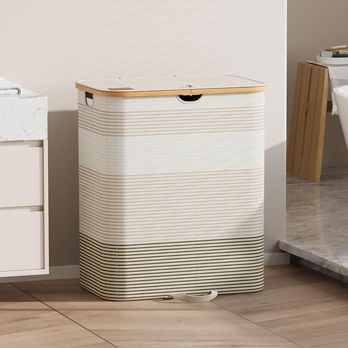 XLHOMO Double Laundry Hamper with Lid and Removable Bags, 150L Large Collapsible 2 Dividers Dirty Clothes Basket with Handles, Beige Double Laundry Basket Organizer for Bedroom,Laundry Room,College