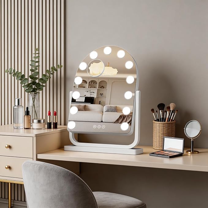 Arched Vanity Mirror with Lights, 19"×14" Hollywood Makeup Mirror with 13 Dimmable Bulbs, 3-Color Lighting, Dimmable, 360° Rotation, 10x Magnification, Desk Mirror, Bedroom (White)