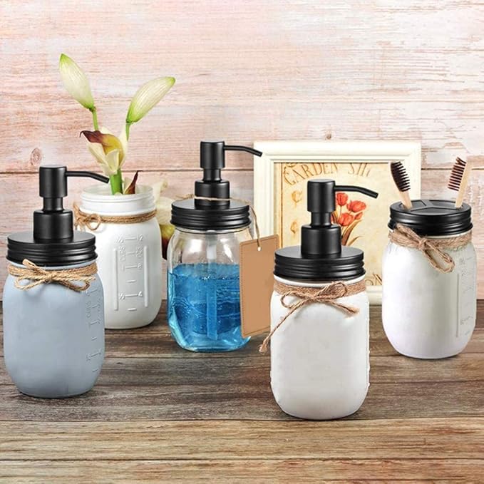 4 Pack Mason Jar Soap Dispenser Lids with Pumps, Rustproof Stainless Steel, Lotion Soap Dispenser Lids Replacement for 16 oz Regular Mouth Mason Jar Decor, 4 Brushes Included Black