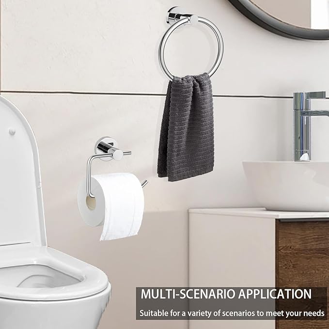 Towel Ring and Toilet Paper Holder Set, Stainless Steel Bath Towel Hanger and Tissue Roll Holders, Bathroom Hardware Accessories Wall Mounted 2 Pieces (Polished Chrome)