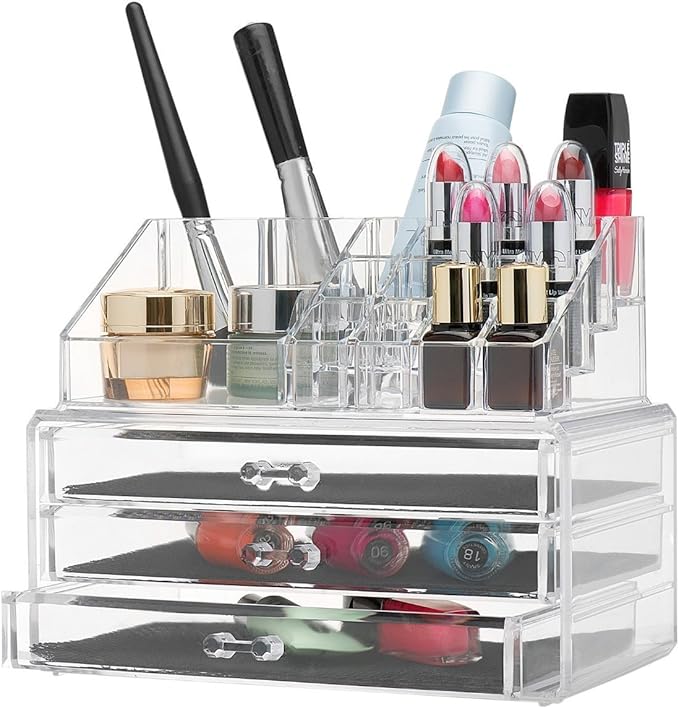 MCB Home Essentials ~ Clear Acrylic Cosmetic Jewelry and Makeup Organizer with Large 3 Drawer Chest