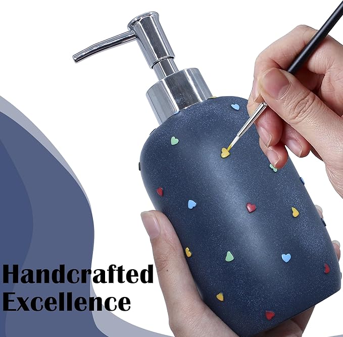 YMXYJM - Bathroom Accessories Sets 4-Piece, Premium Pastel Heart Bathroom Accessory Complete Set - Toothbrush Holder, Lotion Soap Dispenser, Vanity Tray, Bathroom Tumbler for Countertop Vanity, Blue