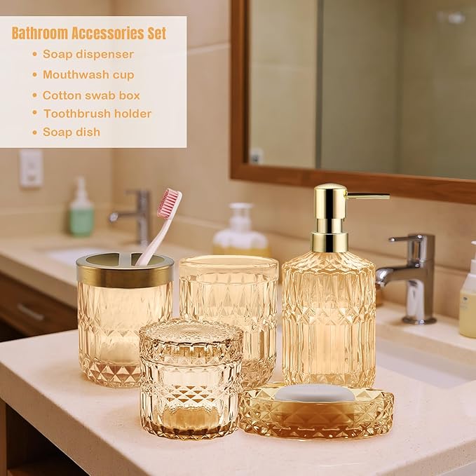 5Pcs Golden Bathroom Accessories Set, Glass Bathroom Accessories, Vintage Bathroom Countertop Decoration Includes Soap Dispenser, Toothbrush Holder, Qtip Holder,Soap Dish and Rinsing Cup