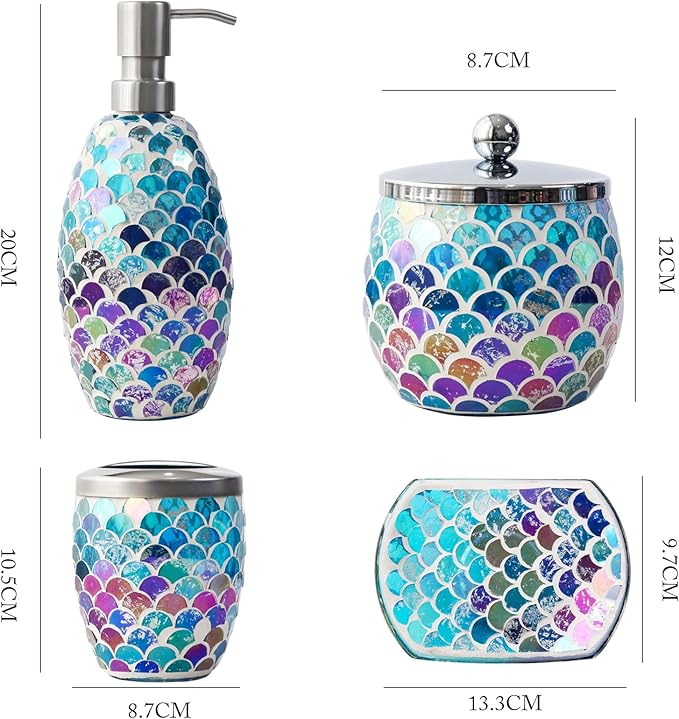 Escenzy Mermaid Bathroom Accessories Sets 4 Pcs | Luxurious Soap Dispenser, Toothbrush Holder, Cotton Glass Jar, Soap Tray | Mermaid Bathroom Decor | Modern Mosaic Glass Bathroom Accessories