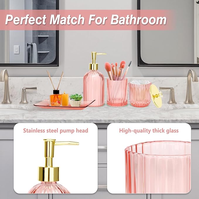 Jenseits Pink Bathroom Accessories Set, 4 Pcs Glass Bathroom Accessory Sets, Soap Dispenser, Toothbrush Holder, Qtip Holder, Vanity Tray, Housewarming Dorm Apartment Decor Home Essentials Gift For Her