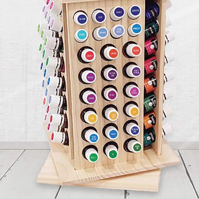 DYRABREST Rotatable Essential Oil Rack Organizer,Natural Wooden Essential Oil Storage Display with104 Holes,Essential Oil Holder Wood for Cosmetics,Essential Oil