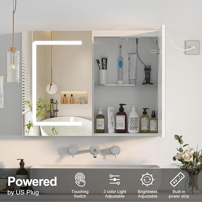 Lighted Medicine Cabinet with Sockets & USB, LED Medicine Cabinet with Lights, Wall Mounted,32X24Inch,Color Adjustment,Large Mirror Cabinet with Electrical Outlet