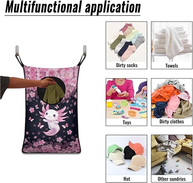 ZOUTAIRONG Pink Axolotl Cherry Blossoms Hanging Laundry Bags for Closet Laundry Basket Clothes Hamper Large Storage Organizer for Kids Bedroom, Bathroom Clothes Hampers