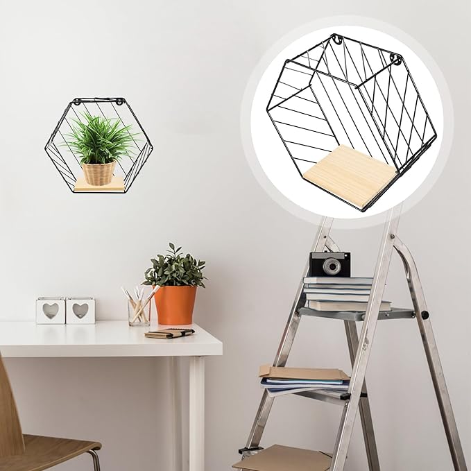 Holibanna Punch-Free Wall-Mounted Shelf Iron Storage Rack with Hexagon Design, Black Multi-Functional Bathroom Shelf for Home Organization and Decor