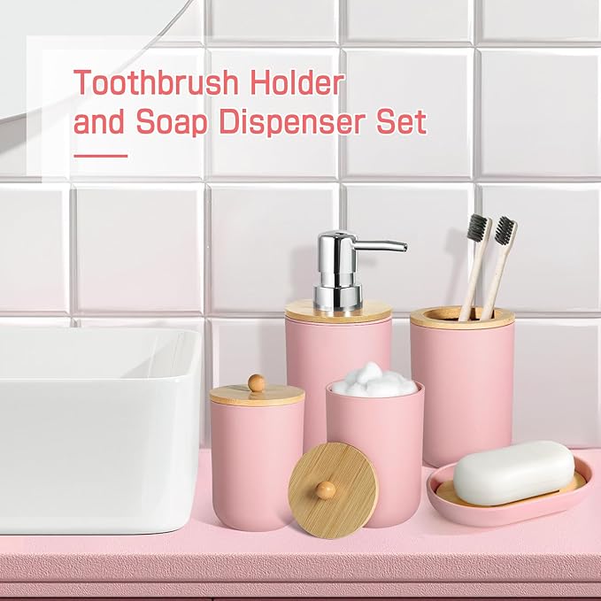 Pink Bathroom Accessories - 5 Pcs, Plastic Decor Set, Soap Dispenser, Toothbrush Holder, Soap Dish, Cotton Swab Jar, Boho Organizer