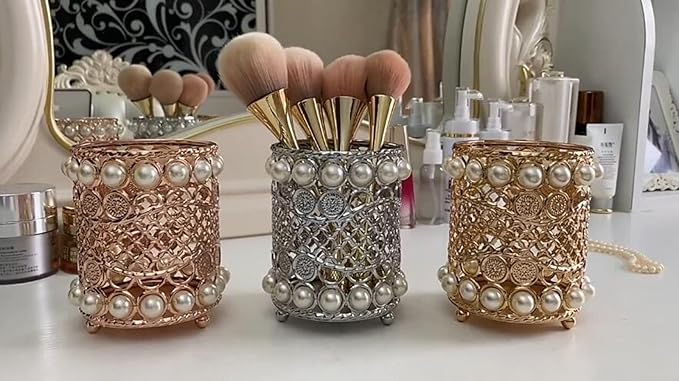 Gullor Handcrafted Pearls Makeup Brush Holder Organizer Eyebrow Comb Brushes Pen Pencil Cosmetic Storage Box for Vanity, Bathroom, Bedroom, Office Desk, Rose Gold