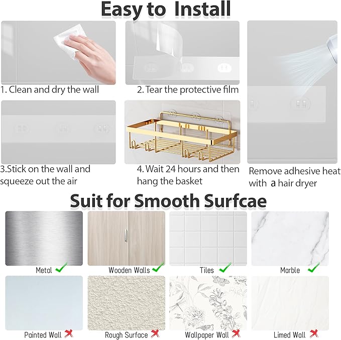 Liuoud 10 Pack Shower Caddy Organizer Rack Shelf for Inside Shower, Self Adhesive Wall Storage Basket Rustproof Stainless Steel Shampoo Holder Bathroom Accessory Decor Set, Gold