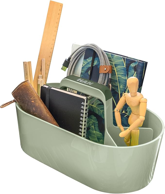 HAN Toolbox Loft Plastic Basket with Handle, 4 Compartments Desk Basket, Cleaning Basket, Craft Basket, Storage for Utensils, Light Green, 1200-41