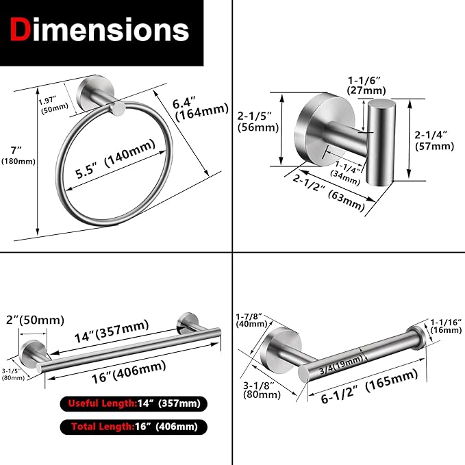 10 Pieces Brushed Nickel Bathroom Hardware Set Include 16inch Towel Bar,4pcsTowel Hooks,Toilet Paper Holder,Hand Towel Ring Round SUS304 Stainless Steel Bathroom Accessories Set